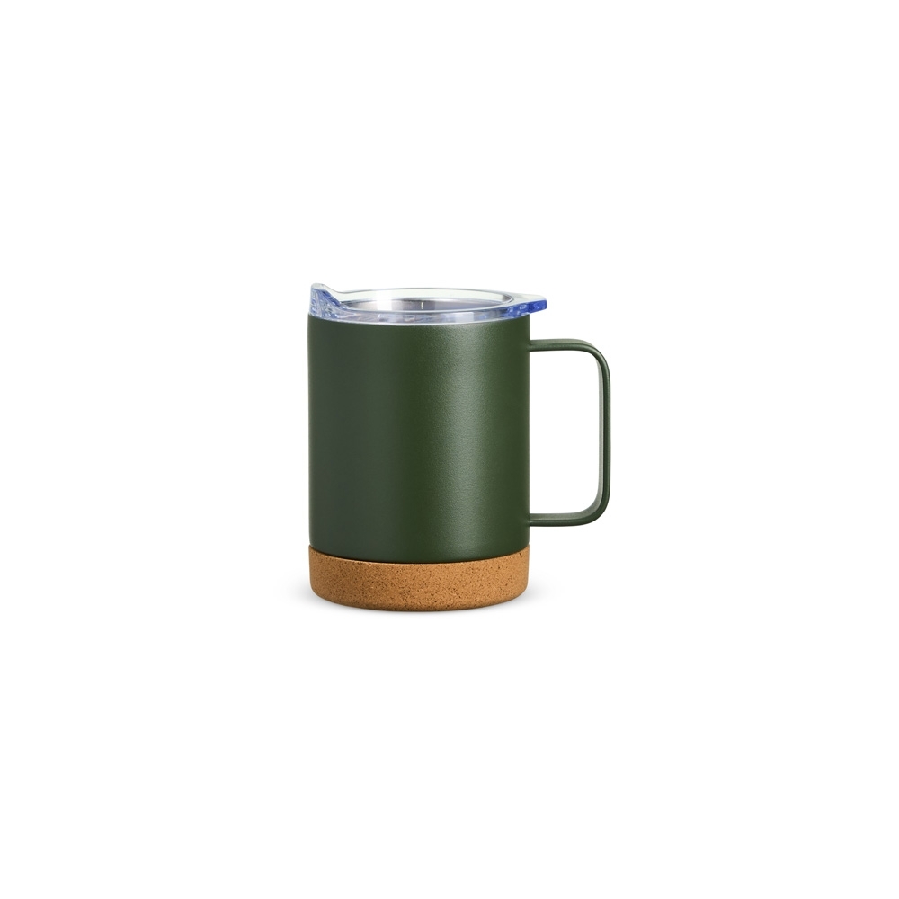 Caneca térmica com cortiça de 400 ml personalizada com a logo da empresa, na cor verde / bege