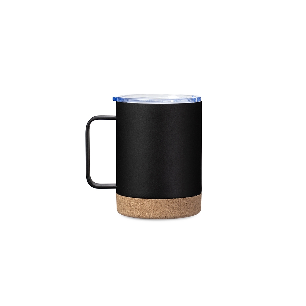 Caneca térmica 330 ml de inox com base de cortiça na cor Preto / Bege, personalizada com a logo da empresa