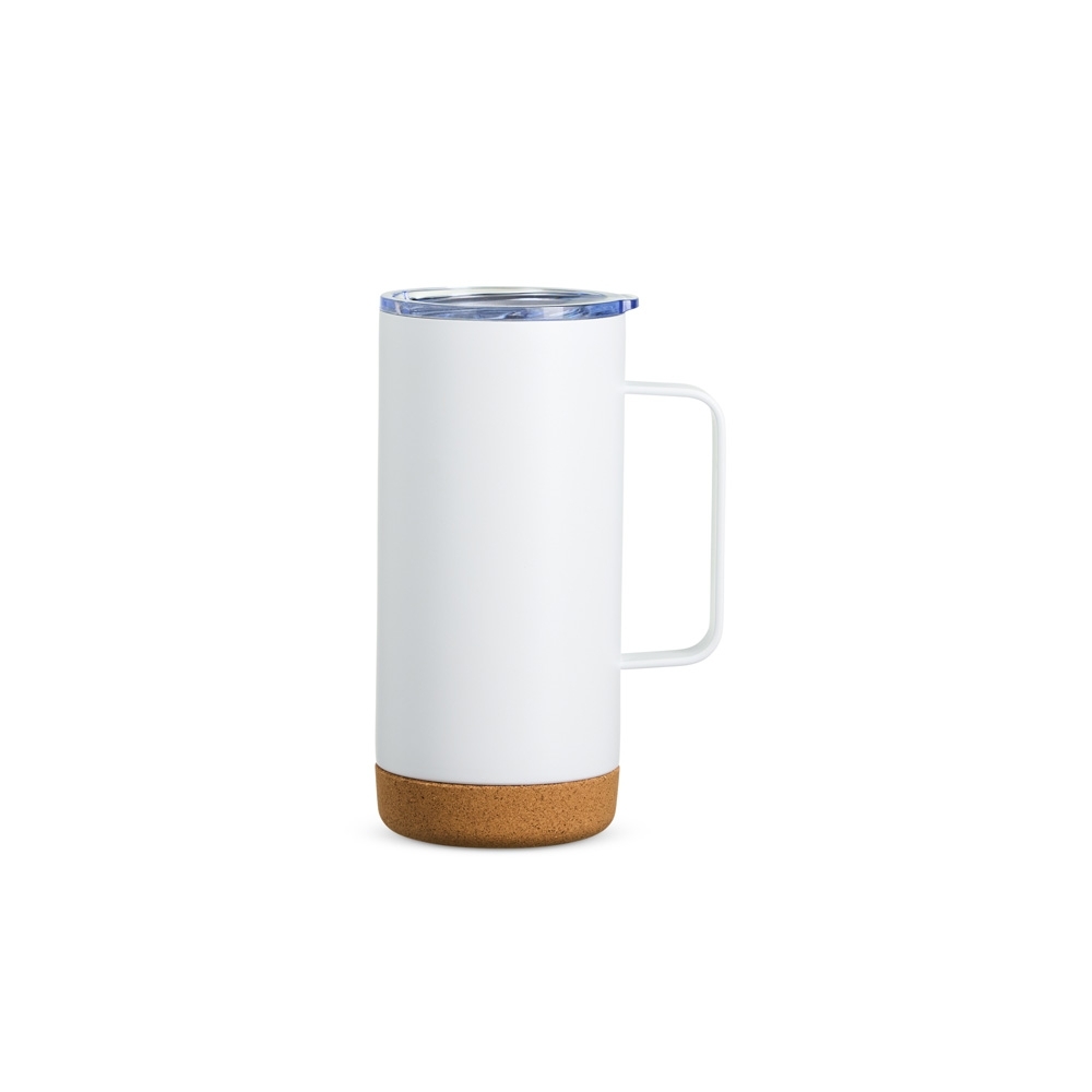 Caneca térmica com cortiça de 500 ml personalizada com a logo da empresa, na cor branco / bege