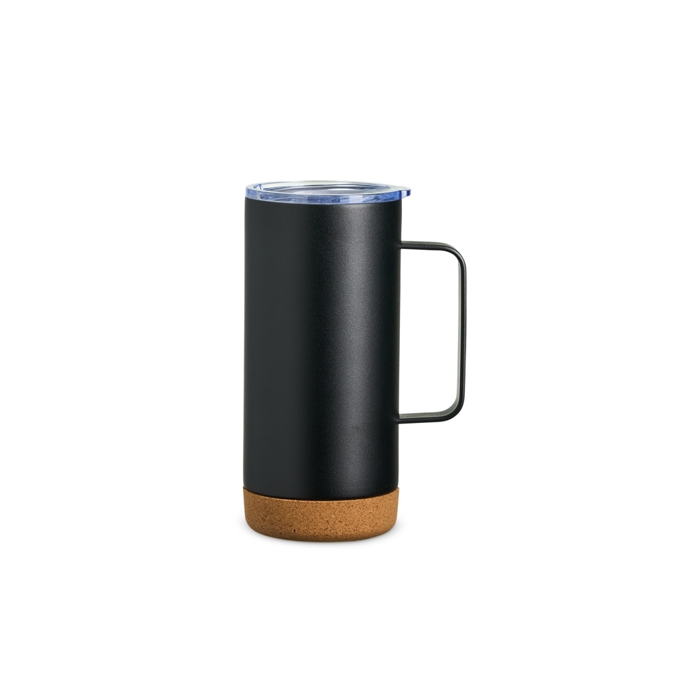 Caneca térmica com cortiça de 500 ml na cor Preto / Bege, personalizada com a logo da empresa