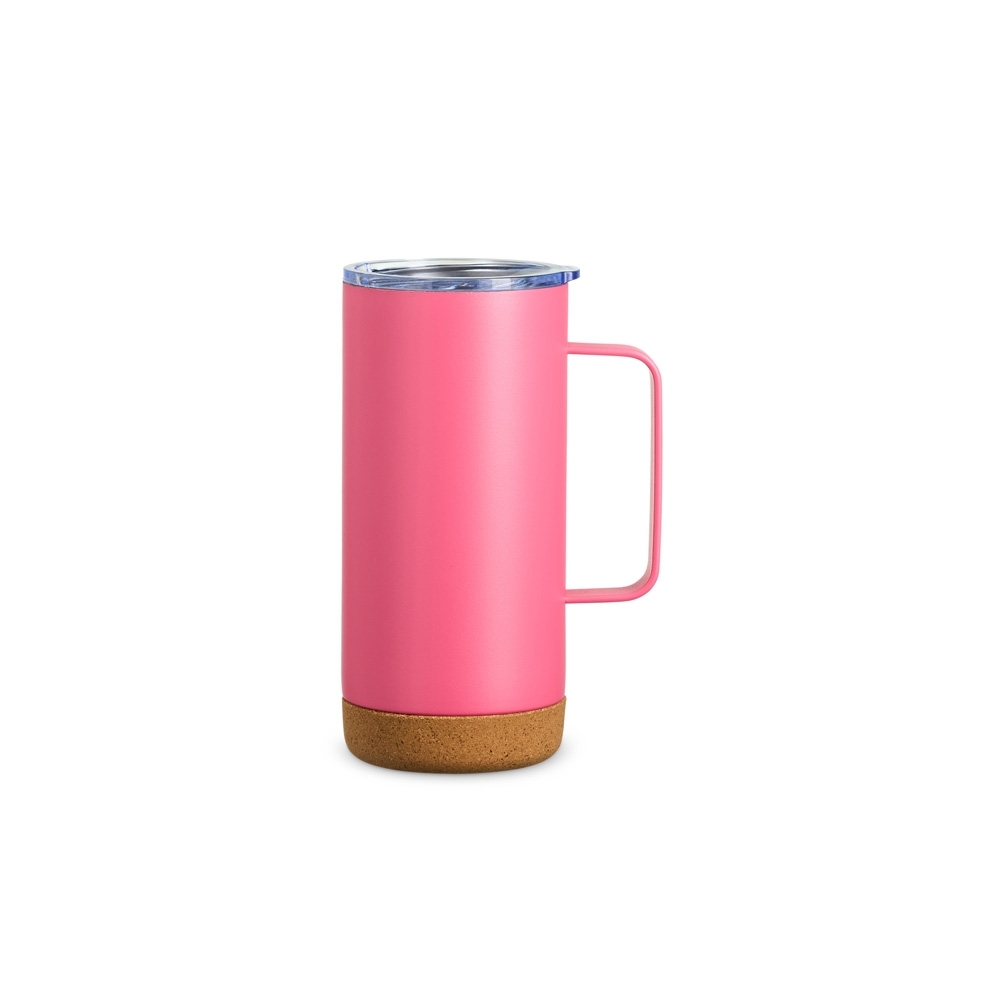 Caneca térmica com cortiça de 500 ml personalizada com a logo da empresa, na cor rosa / bege