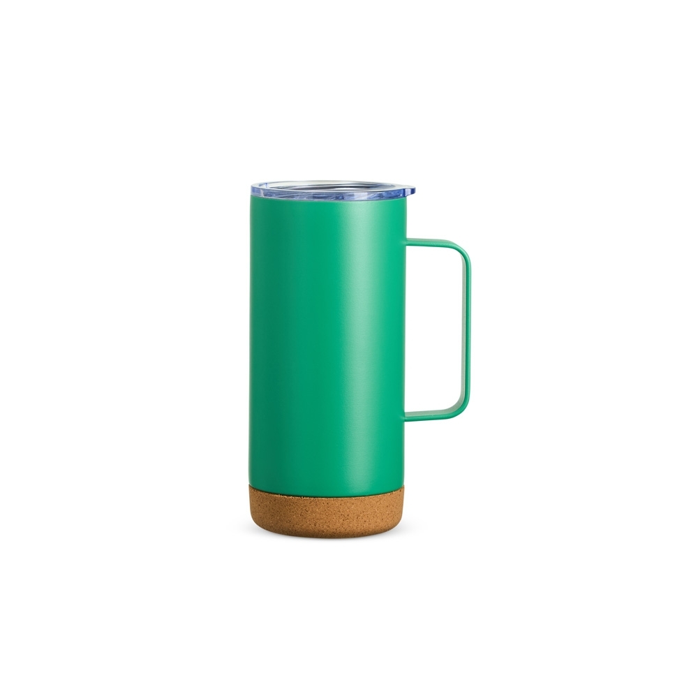 Caneca térmica com cortiça de 500 ml personalizada com a logo da empresa, na cor verde / bege