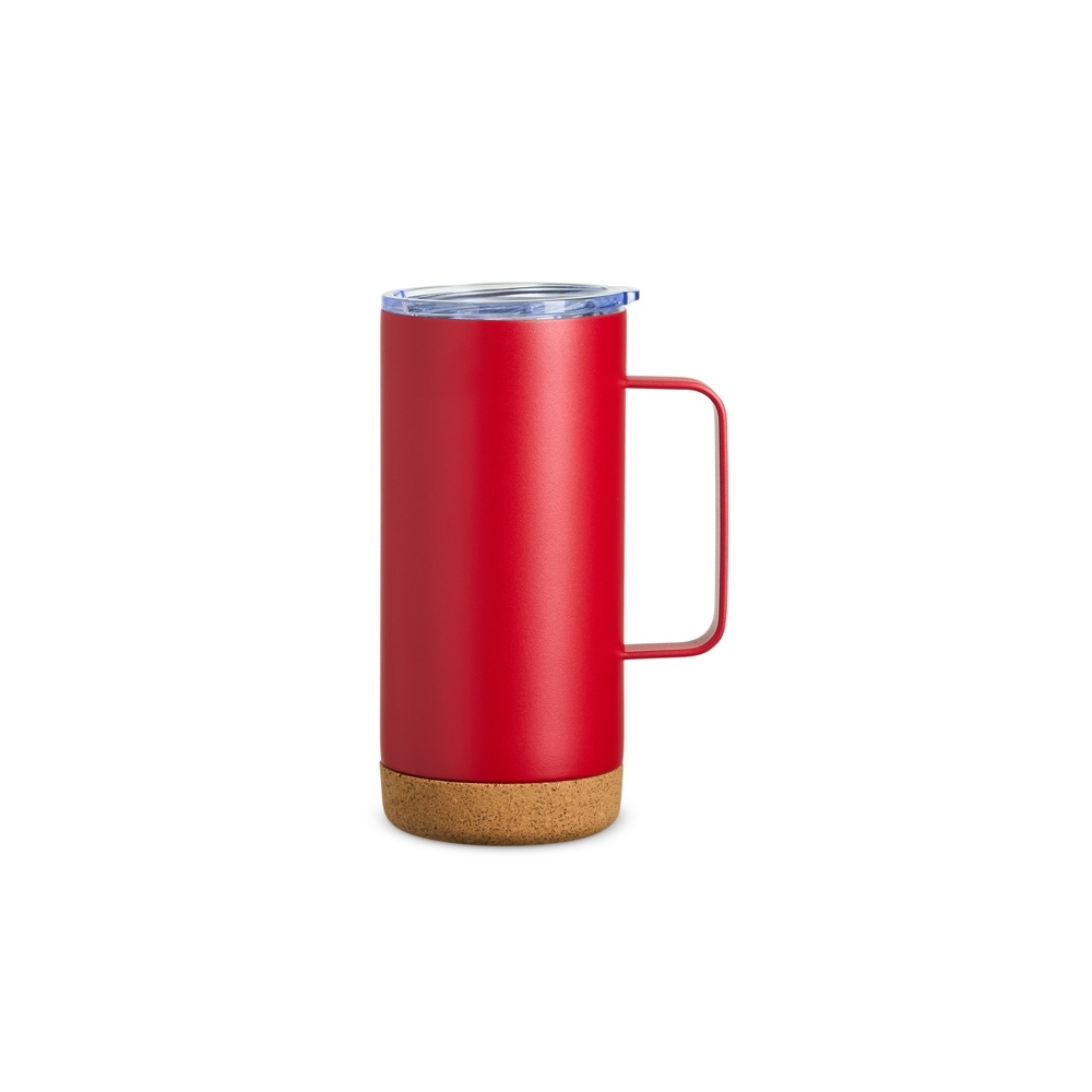 Caneca térmica com cortiça de 500 ml personalizada com a logo da empresa, na cor vermelho / bege