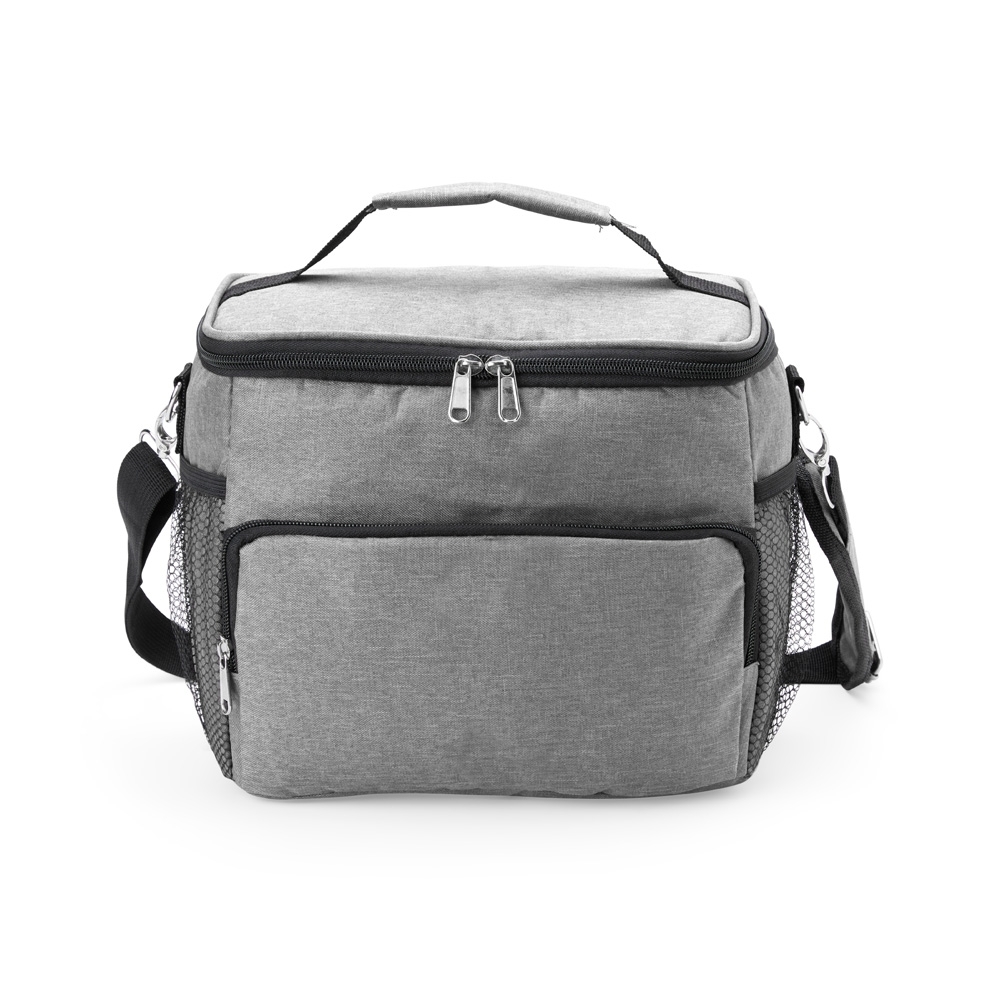 Bolsa térmica 11 litros de poliéster com 2 compartimentos na cor Cinza, personalizada com a logo da empresa