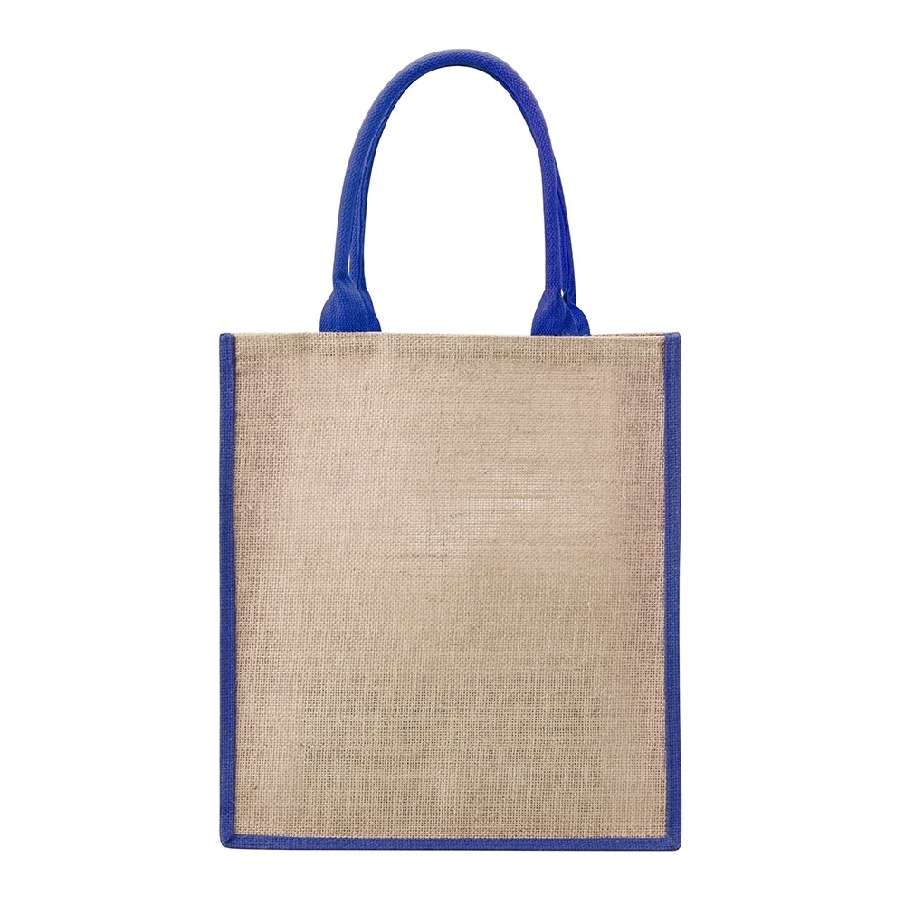 Sacola de juta com alças e bordas coloridas personalizada com a logo da empresa, na cor azul