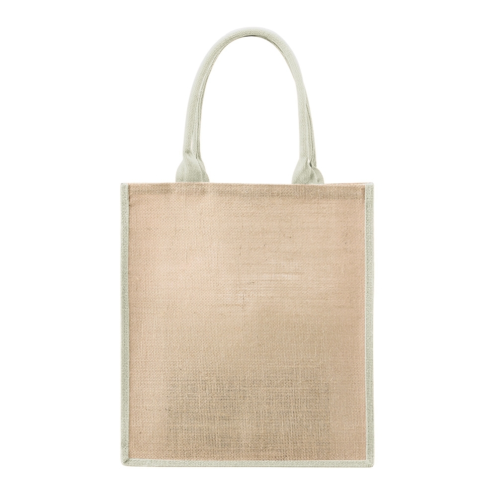 Sacola de juta com alças e bordas coloridas personalizada com a logo da empresa, na cor branco