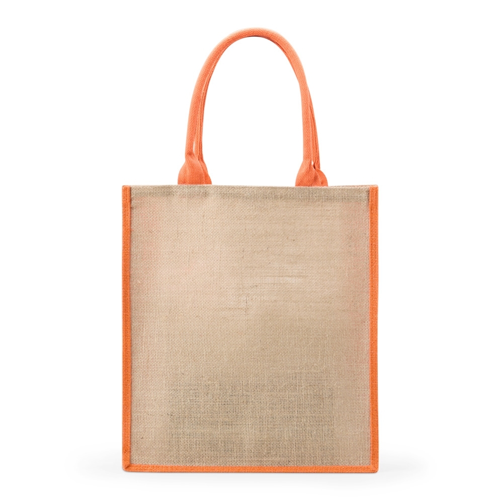 Sacola de juta com alças e bordas coloridas personalizada com a logo da empresa, na cor laranja