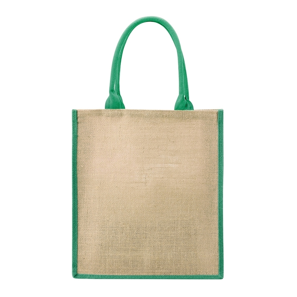 Sacola de juta com alças e bordas coloridas personalizada com a logo da empresa, na cor verde