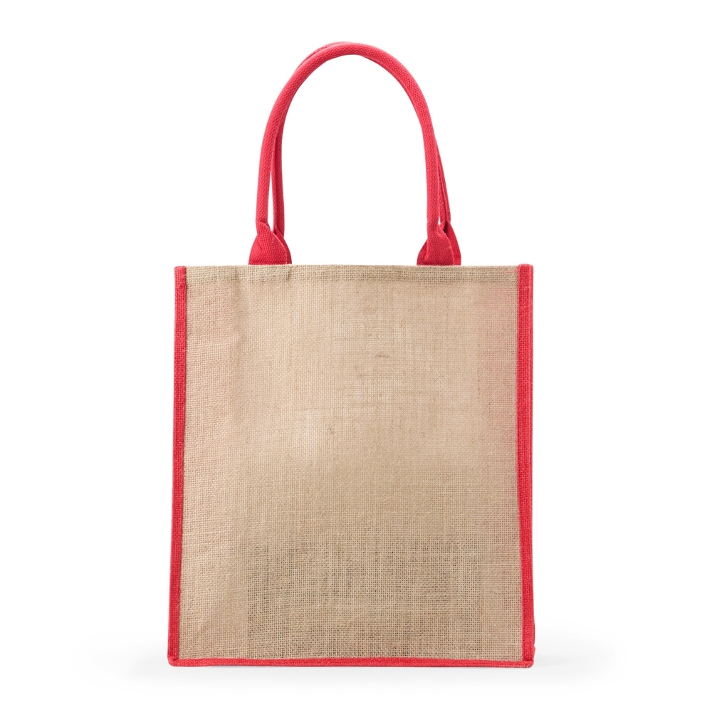 Sacola de juta com alças e bordas coloridas personalizada com a logo da empresa, na cor vermelho