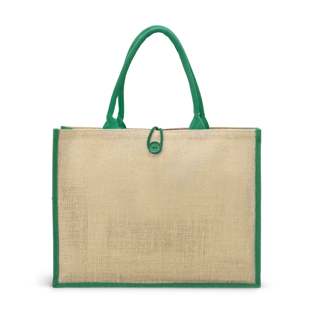 Sacola de juta com botão personalizada com a logo da empresa, na cor verde