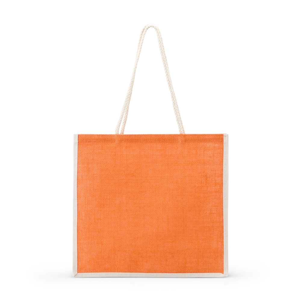Sacola de juta personalizada com a logo da empresa, na cor laranja