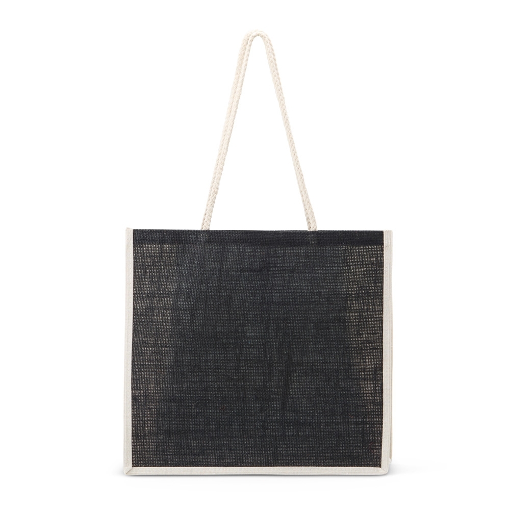 Sacola de juta na cor Preto, personalizada com a logo da empresa