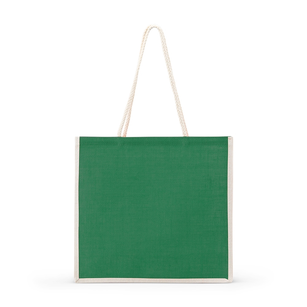Sacola de juta personalizada com a logo da empresa, na cor verde