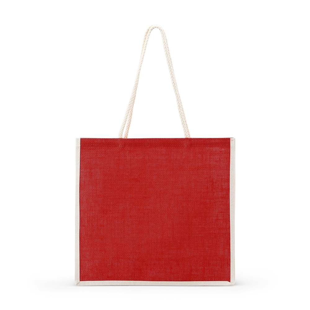 Sacola de juta personalizada com a logo da empresa, na cor vermelho