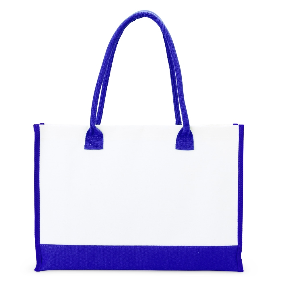 Sacola de lona 474 g/m² com base e alças coloridas personalizada com a logo da empresa, na cor azul