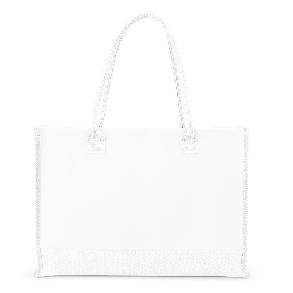 Sacola de lona 474 g/m² com base e alças coloridas personalizada com a logo da empresa, na cor branco