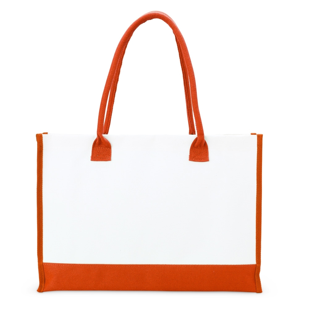 Sacola de lona 474 g/m² com base e alças coloridas personalizada com a logo da empresa, na cor laranja