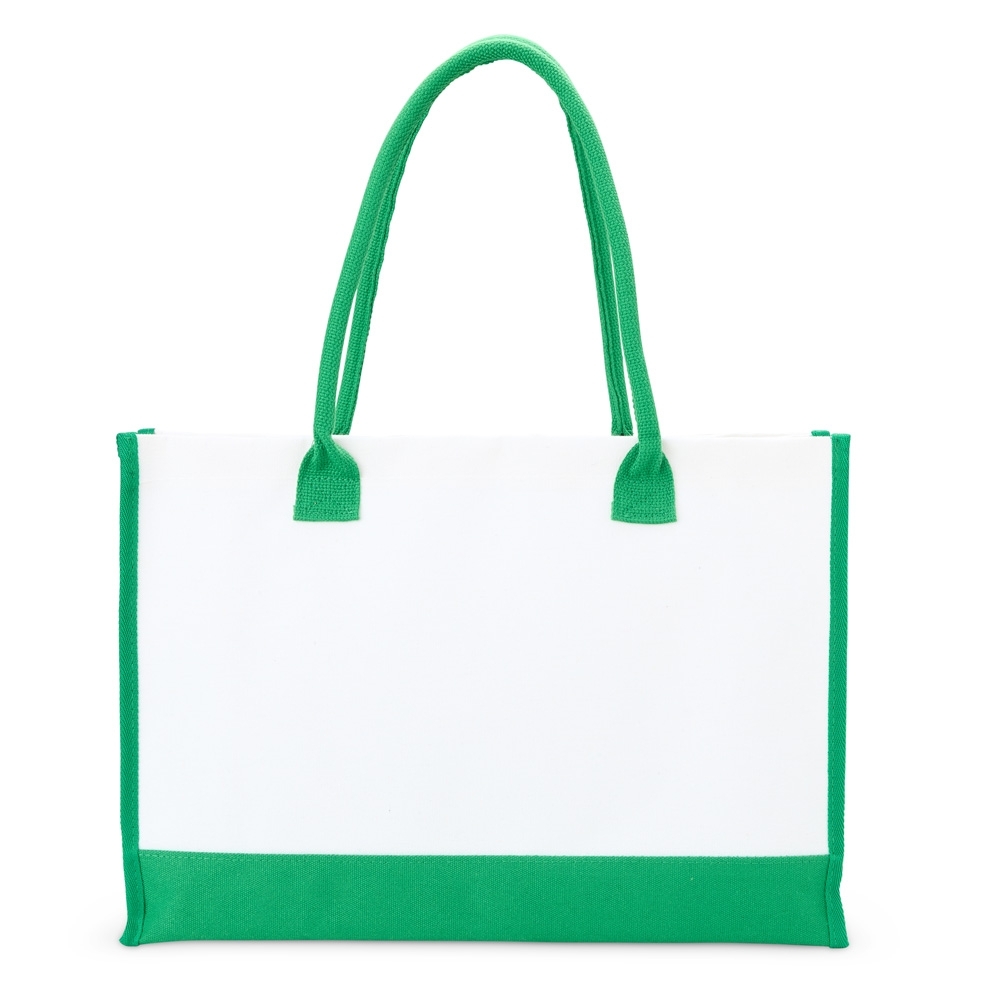 Sacola de lona 474 g/m² com base e alças coloridas personalizada com a logo da empresa, na cor verde
