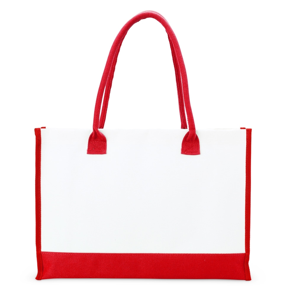 Sacola de lona 474 g/m² com base e alças coloridas personalizada com a logo da empresa, na cor vermelho