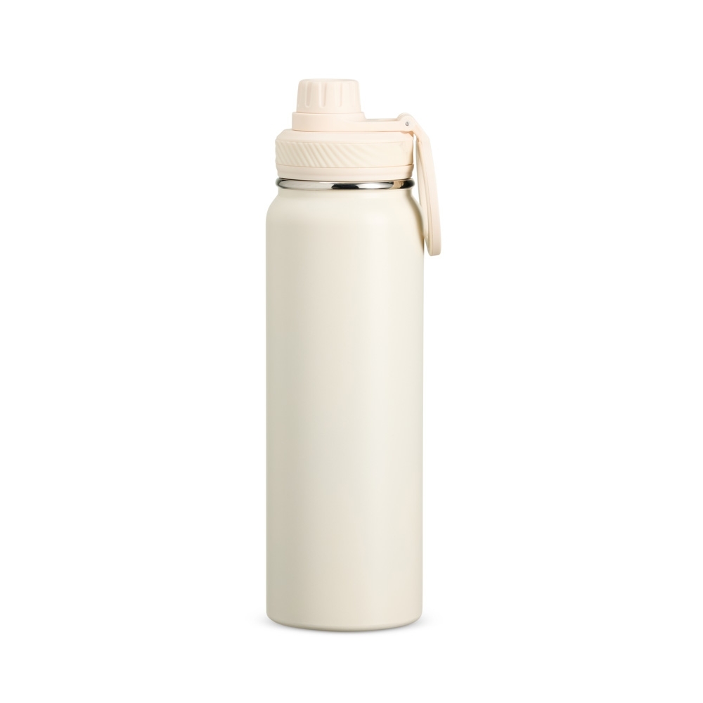 Garrafa térmica 850 ml de inox com alça personalizada com a logo da empresa, na cor branco