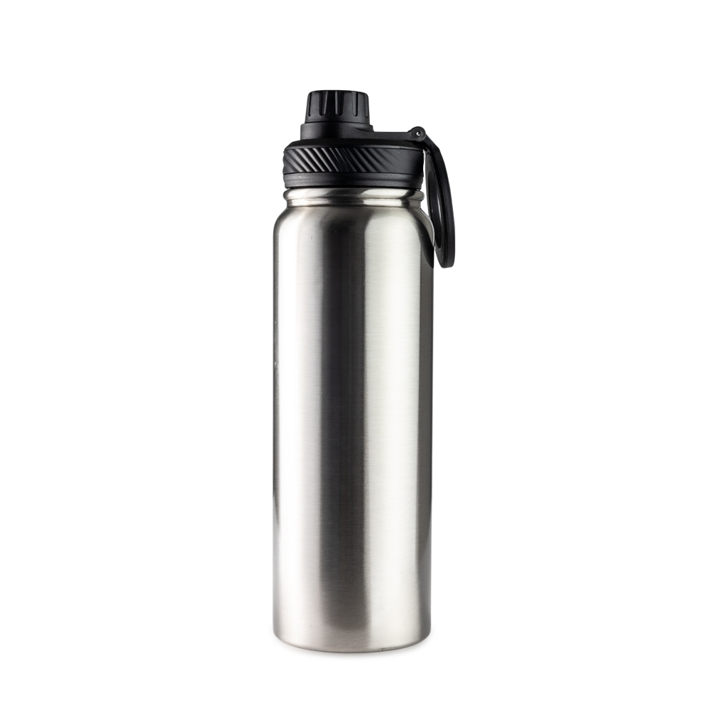 Garrafa térmica 850 ml de inox com alça personalizada com a logo da empresa, na cor inox / preto