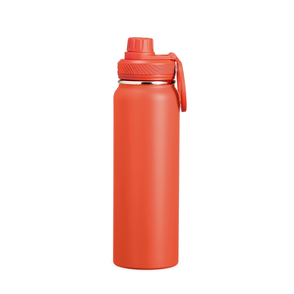 Garrafa térmica 850 ml de inox com alça personalizada com a logo da empresa, na cor laranja