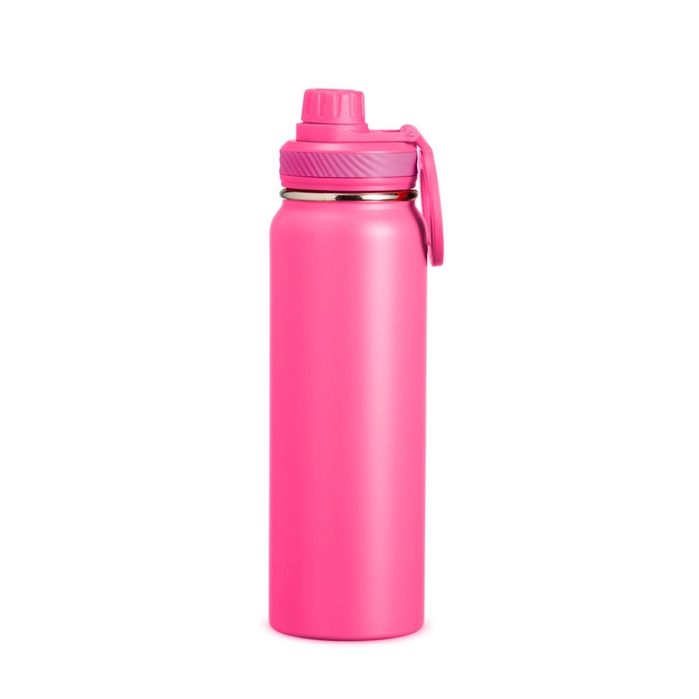 Garrafa térmica 850 ml de inox com alça personalizada com a logo da empresa, na cor rosa escuro
