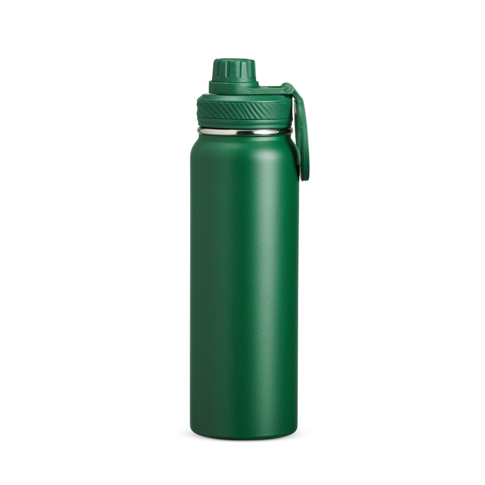 Garrafa térmica 850 ml de inox com alça personalizada com a logo da empresa, na cor verde