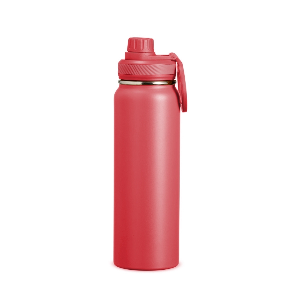 Garrafa térmica 850 ml de inox com alça personalizada com a logo da empresa, na cor vermelho