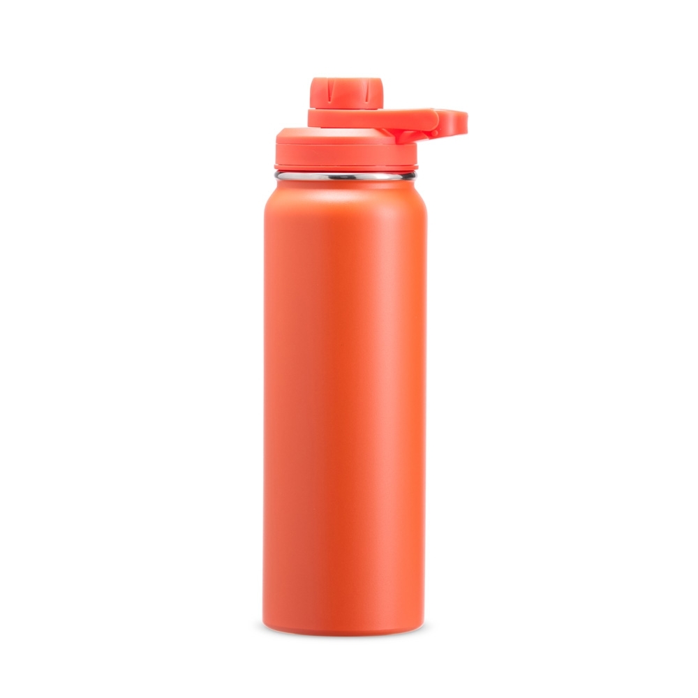 Garrafa térmica inox 850 ml personalizada com a logo da empresa, na cor laranja