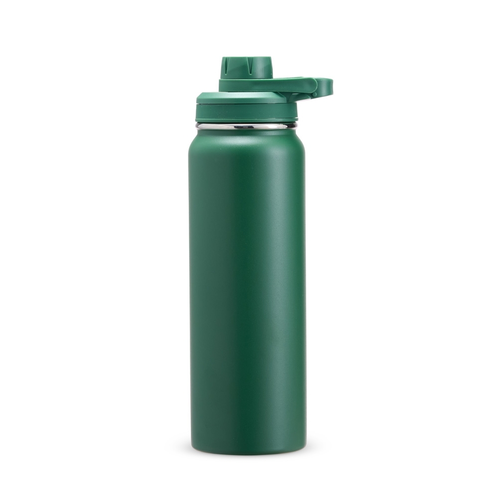 Garrafa térmica inox 850 ml personalizada com a logo da empresa, na cor verde