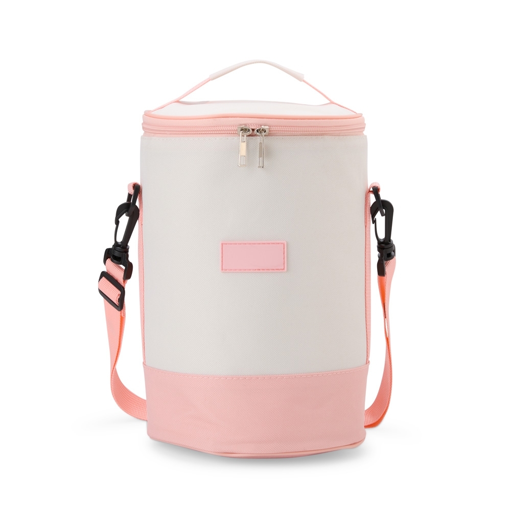 Bolsa térmica oxford 8 litros personalizada com a logo da empresa, na cor rosa / branco