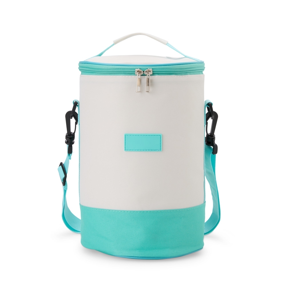 Bolsa térmica oxford 8 litros personalizada com a logo da empresa, na cor verde claro / branco