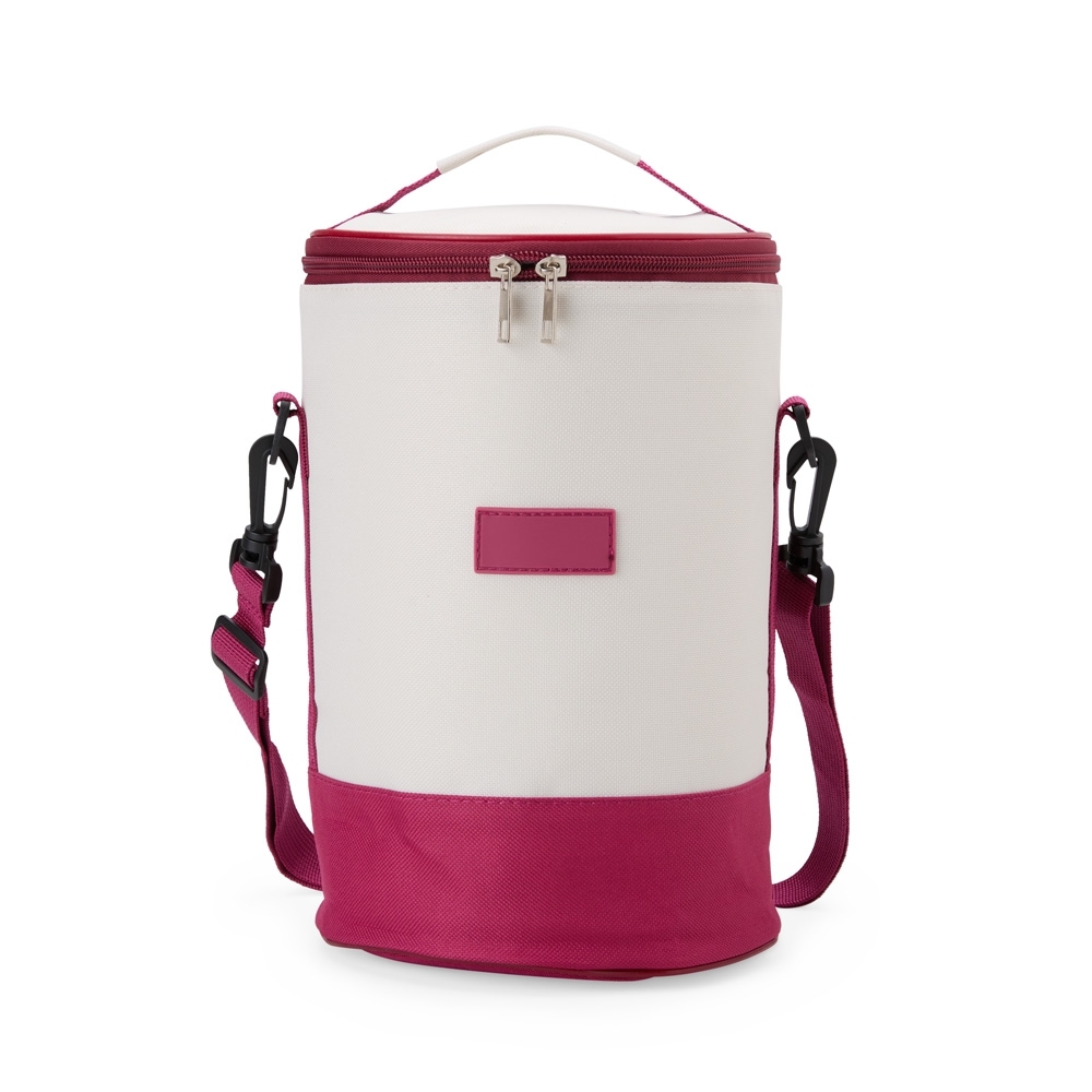 Bolsa térmica oxford 8 litros personalizada com a logo da empresa, na cor vermelho / branco