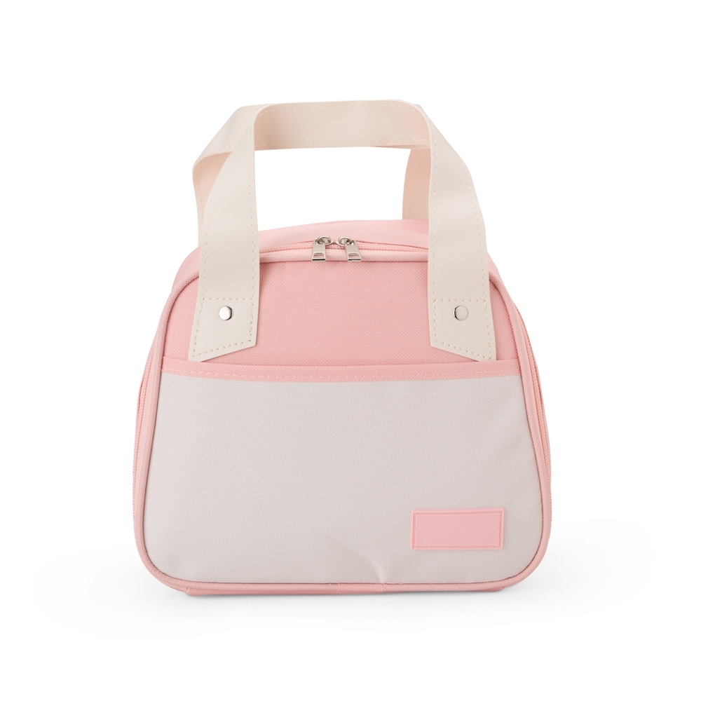 Bolsa térmica 5 litros personalizada com a logo da empresa, na cor rosa / branco