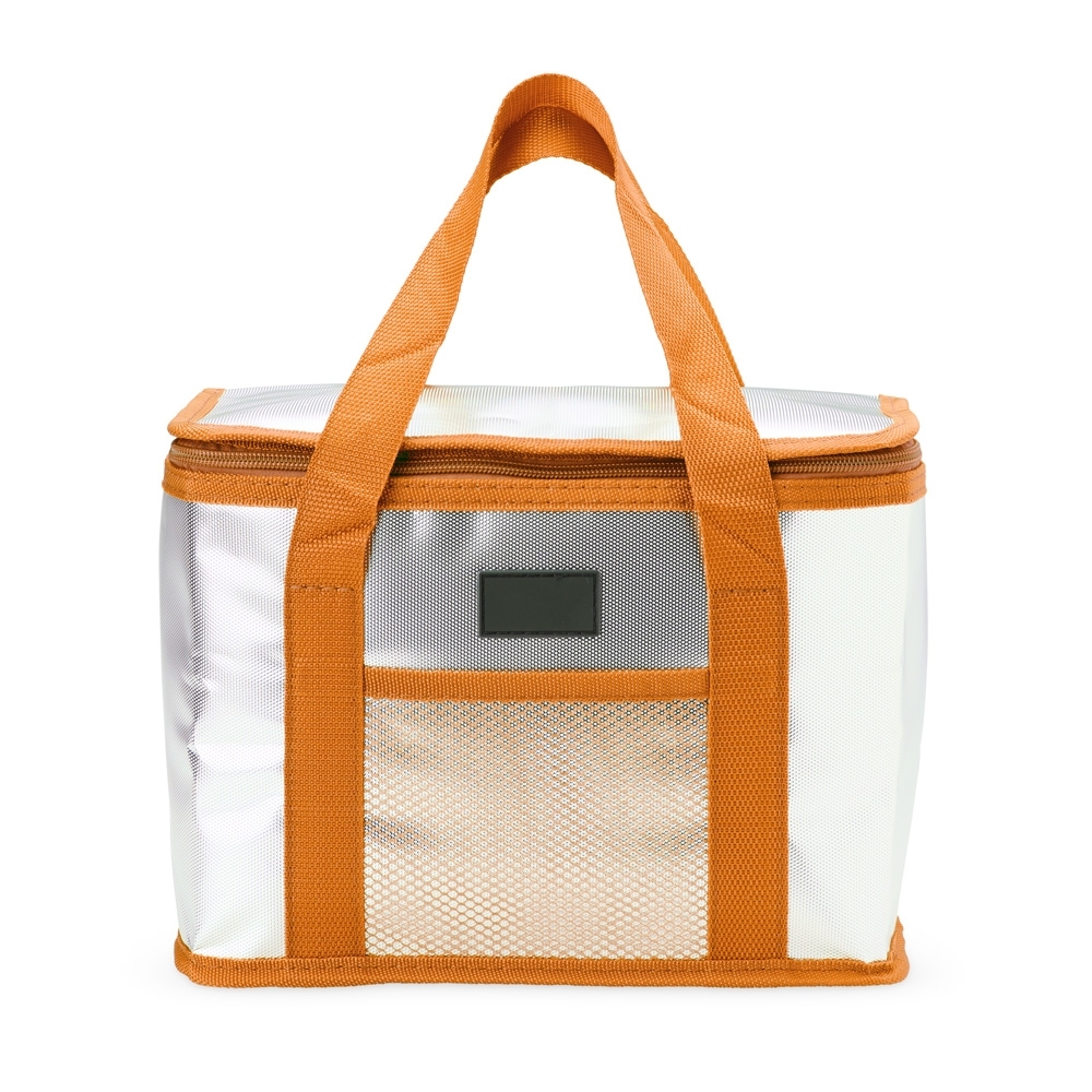 Bolsa térmica 11 litros (17 x 28 x 12 cm) personalizada com a logo da empresa, na cor laranja / prata