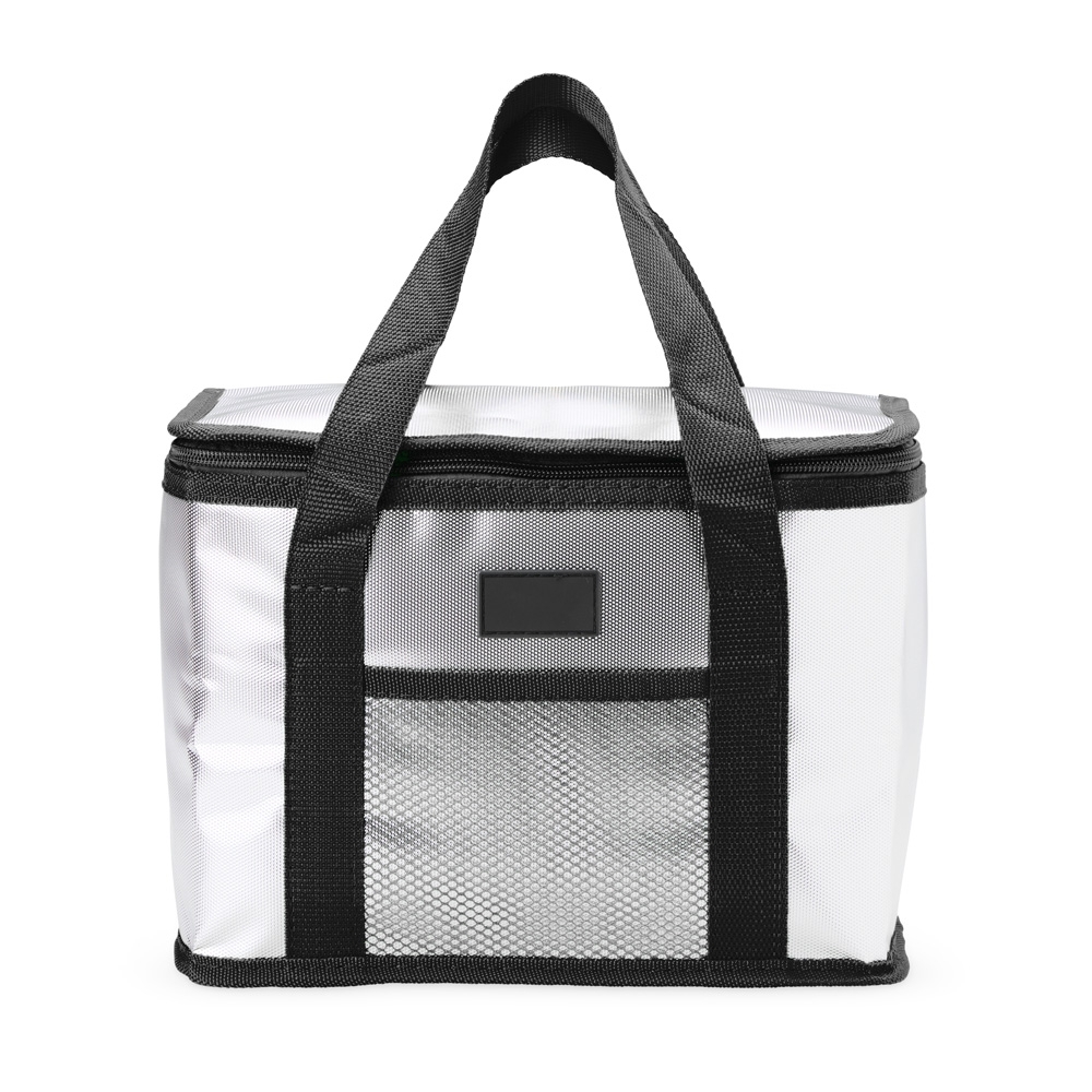 Bolsa térmica 11 litros (17 x 28 x 12 cm) na cor Preto / Prata, personalizada com a logo da empresa