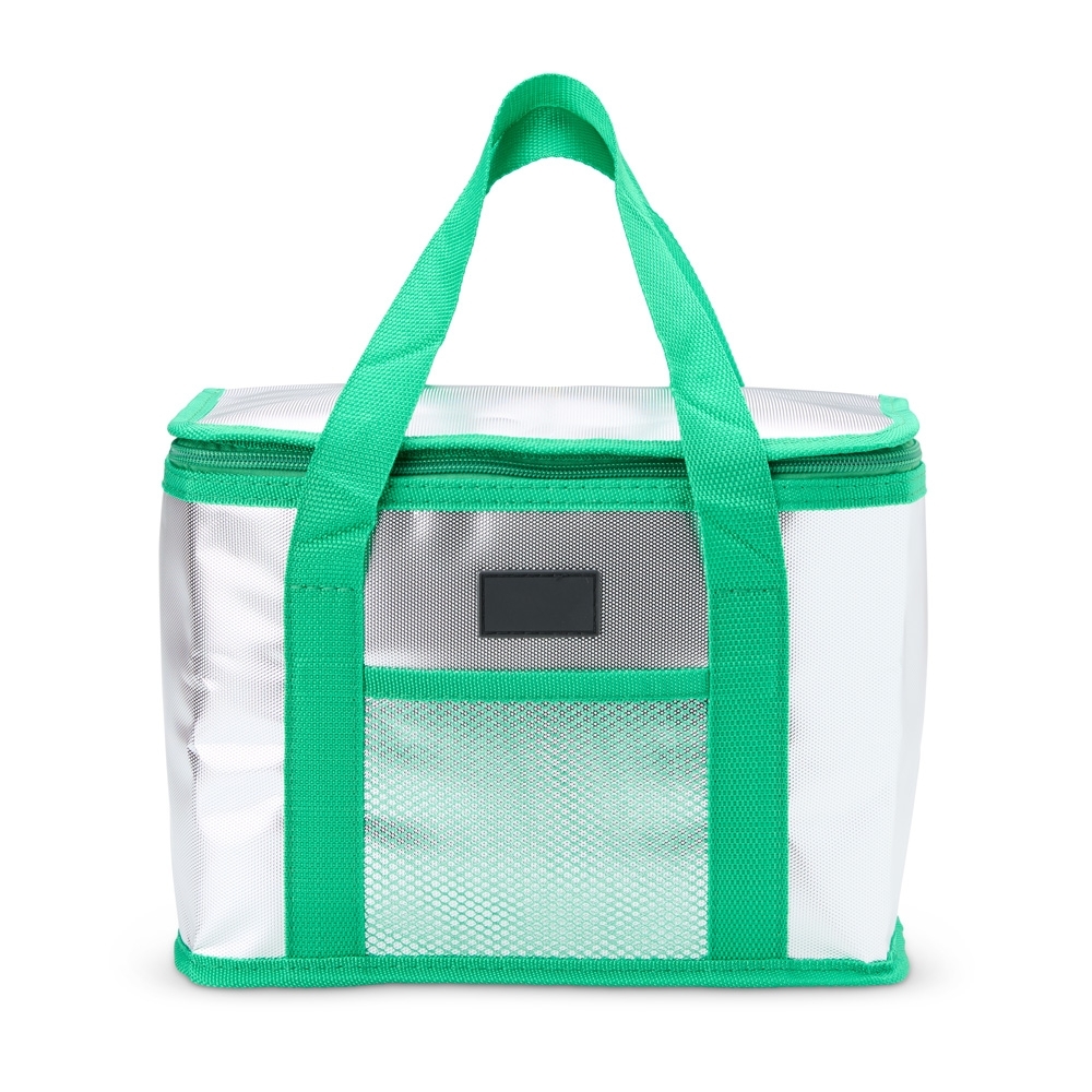Bolsa térmica 11 litros (17 x 28 x 12 cm) personalizada com a logo da empresa, na cor verde / prata