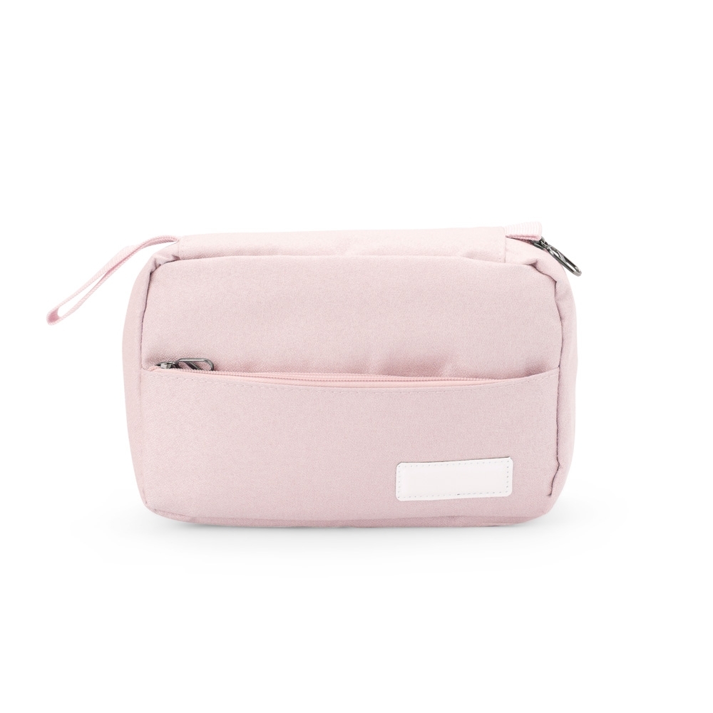 Nécessaire com 3 compartimentos personalizada com a logo da empresa, na cor rosa