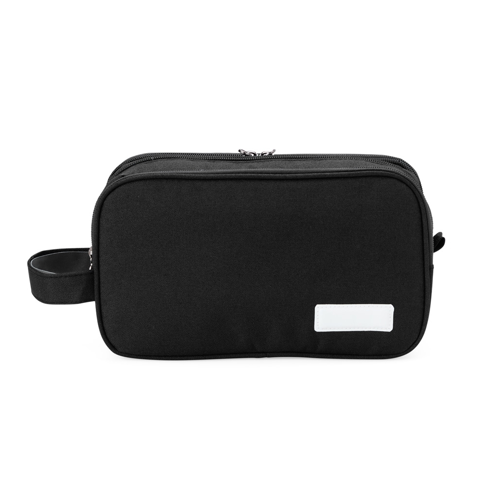 Nécessaire de poliéster impermeável com 3 compartimentos na cor Preto, personalizada com a logo da empresa