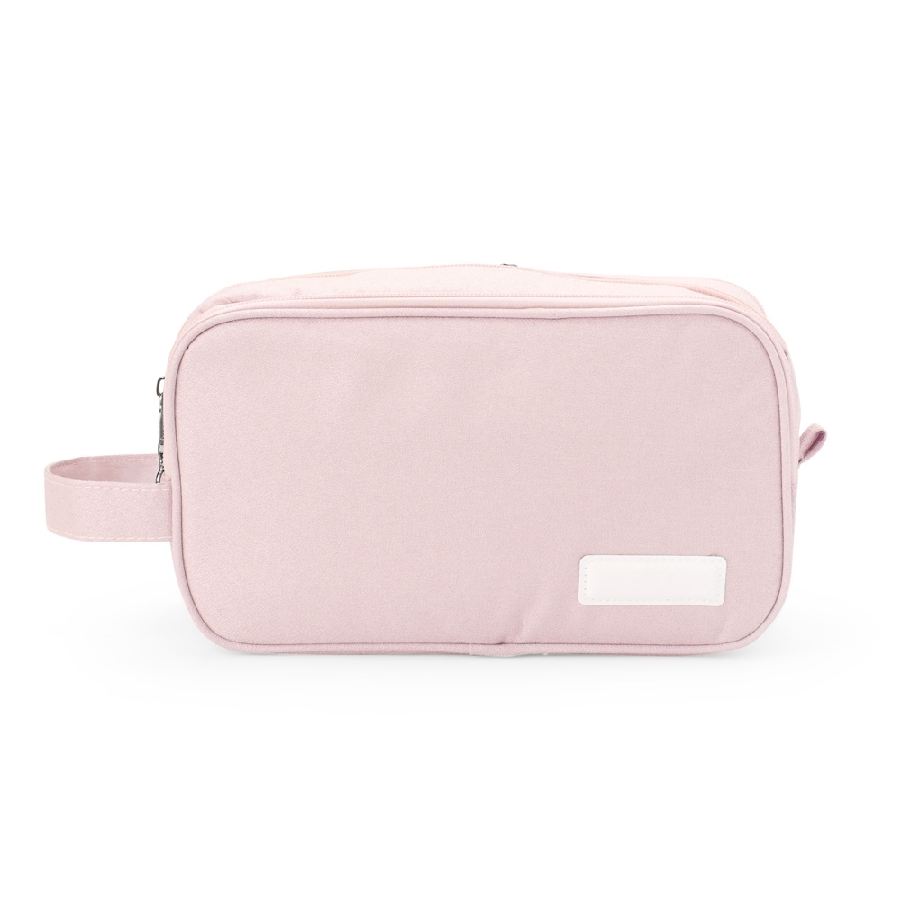 Nécessaire de poliéster impermeável com 3 compartimentos personalizada com a logo da empresa, na cor rosa