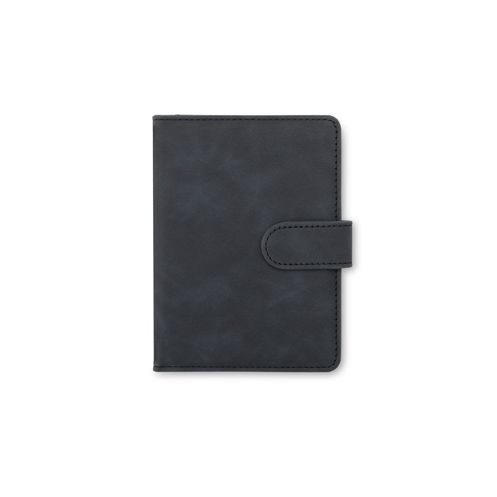 Porta passaporte em couro sintético na cor Preto, personalizado com a logo da empresa