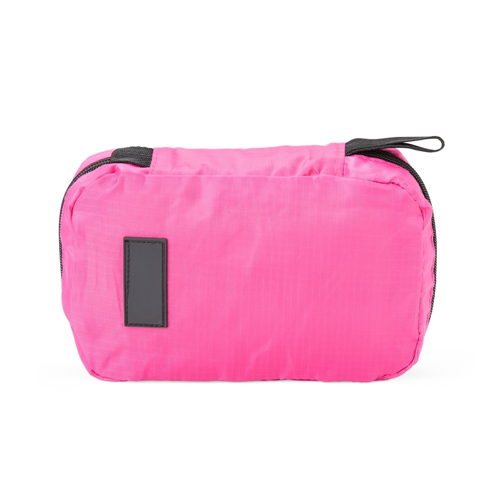 Nécessaire de nylon com 3 compartimentos personalizada com a logo da empresa, na cor rosa escuro