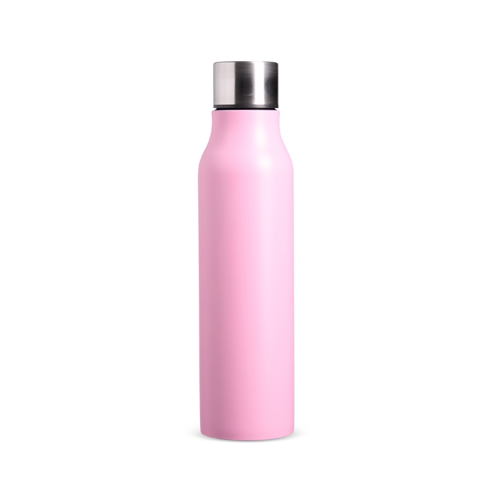 Garrafa inox de 1 litro personalizada com a logo da empresa, na cor rosa / inox