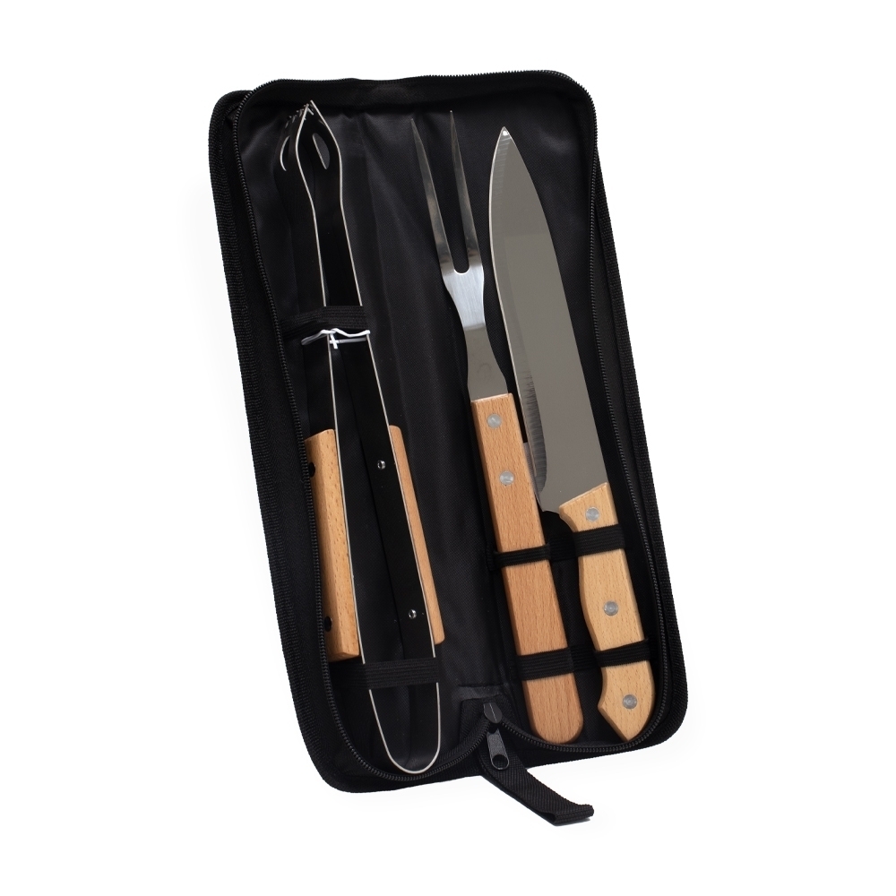 Kit churrasco 3 peças na cor Preto / Inox, personalizado com a logo da empresa