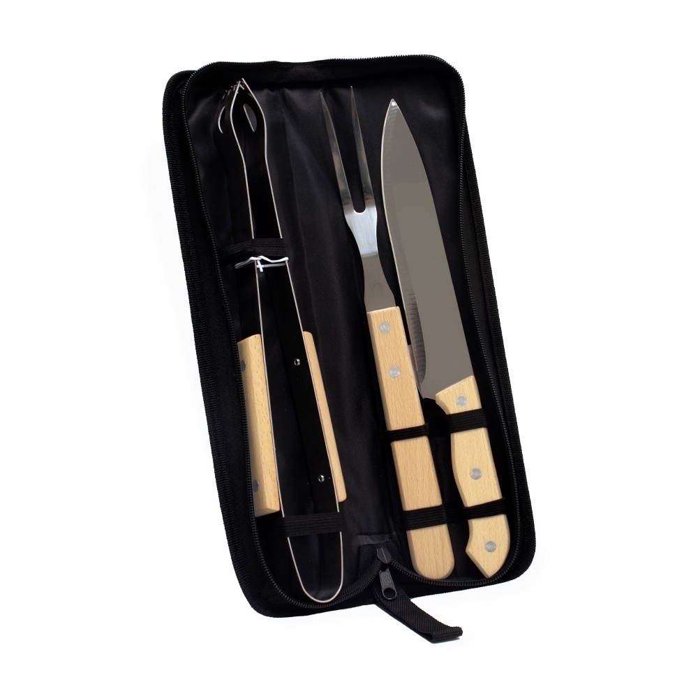 Kit churrasco 3 peças com estojo na cor Preto, personalizado com a logo da empresa