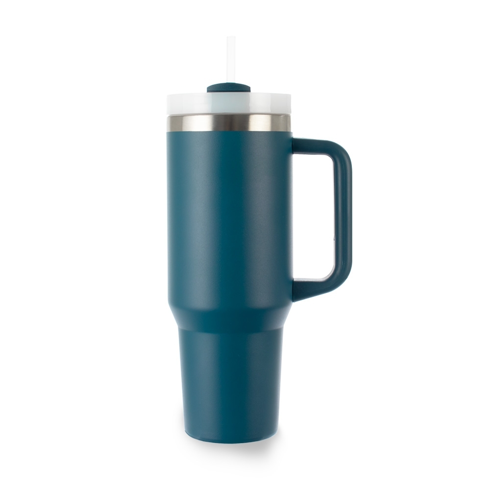 Caneca térmica 1,2 litro de inox com canudo e pegador emborrachado personalizada com a logo da empresa, na cor azul escuro