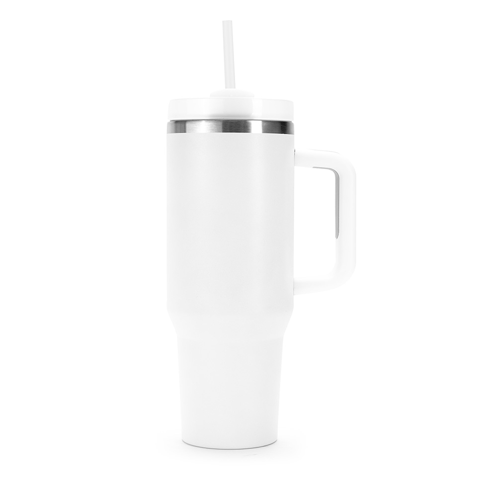 Caneca térmica 1,2 litro de inox com canudo e pegador emborrachado personalizada com a logo da empresa, na cor branco / inox