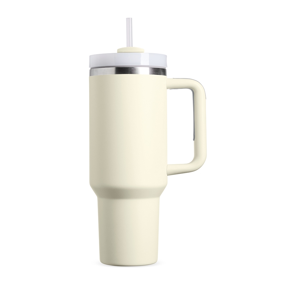 Caneca térmica 1,2 litro de inox com canudo e pegador emborrachado personalizada com a logo da empresa, na cor creme / inox