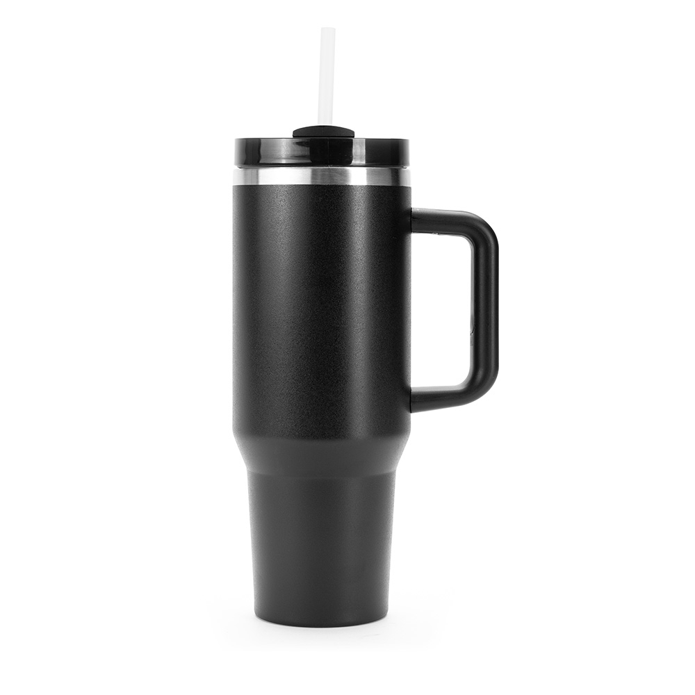 Caneca térmica 1,2 litro de inox com canudo e pegador emborrachado na cor Preto / Inox, personalizada com a logo da empresa
